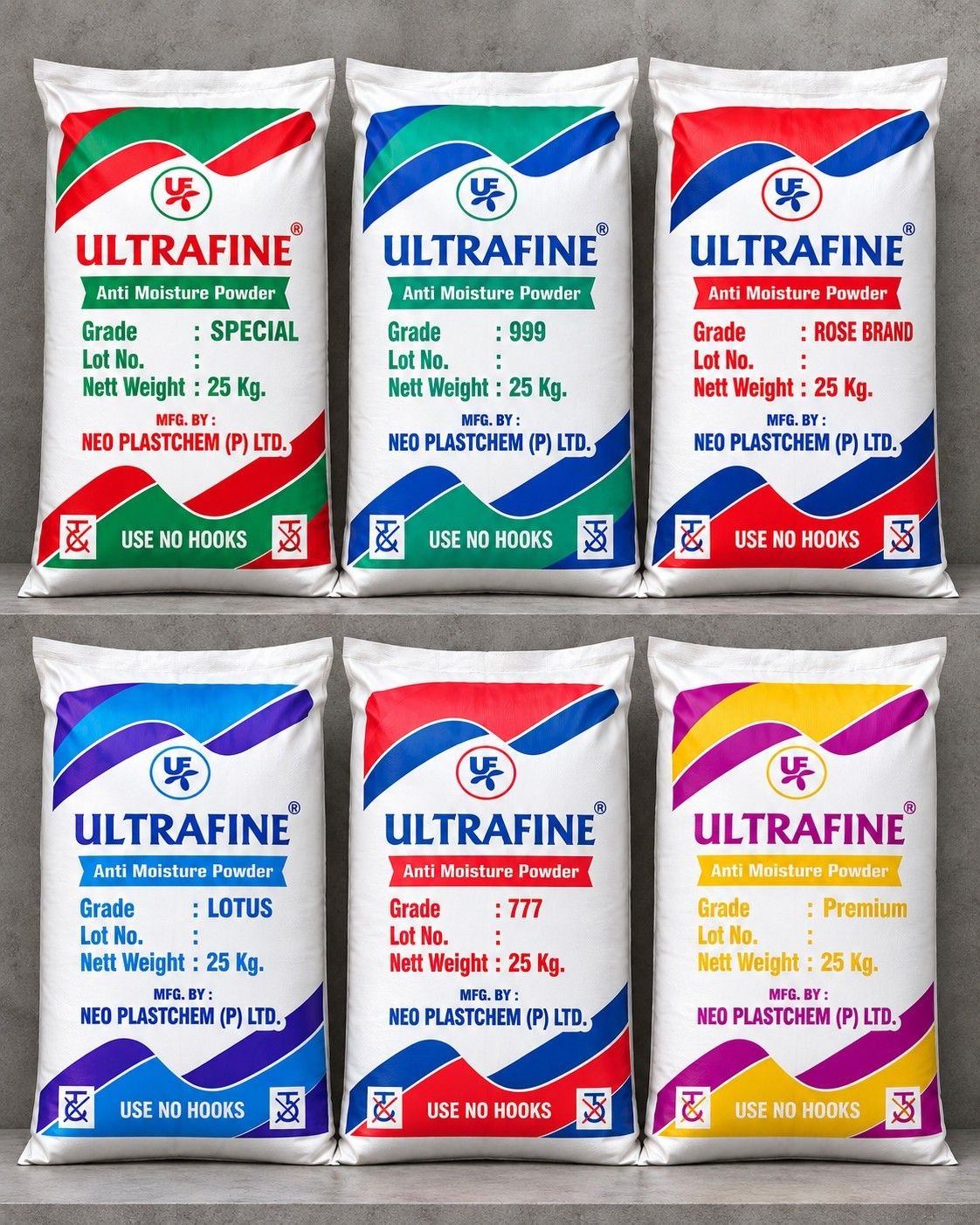 Ultrafine anti-moisture powder bags in multiple grades